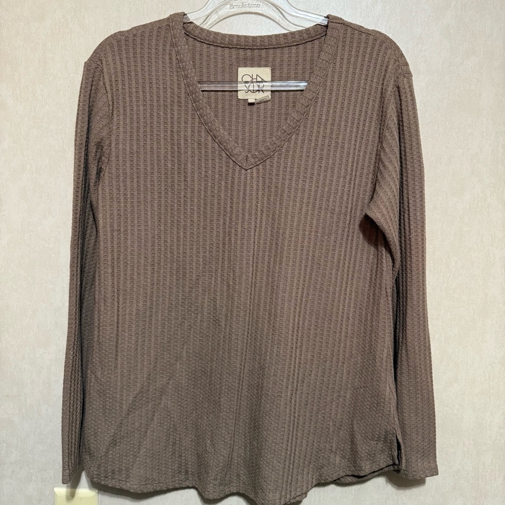 Chaser Waffle Knit Brown V-Neck Long Sleeve Shirt